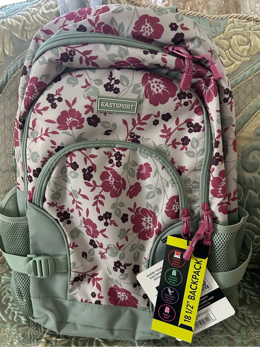 Eastsport Mint Floral Women's Backpack with Pink Accents